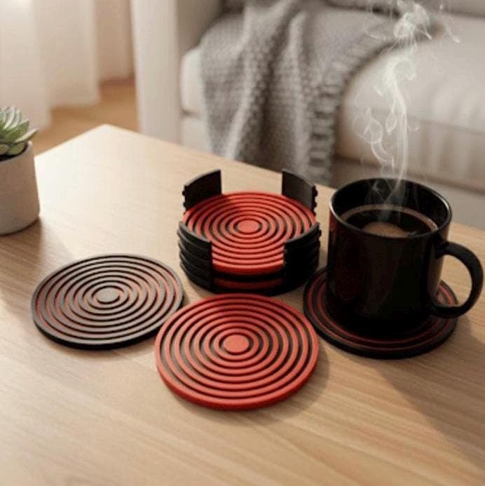 Modern Geometric Coasters 6 pc with Holder | Unique 3D Printed Housewarming Gift | Minimalist Modern Desk Decor | Drinkware Accessory