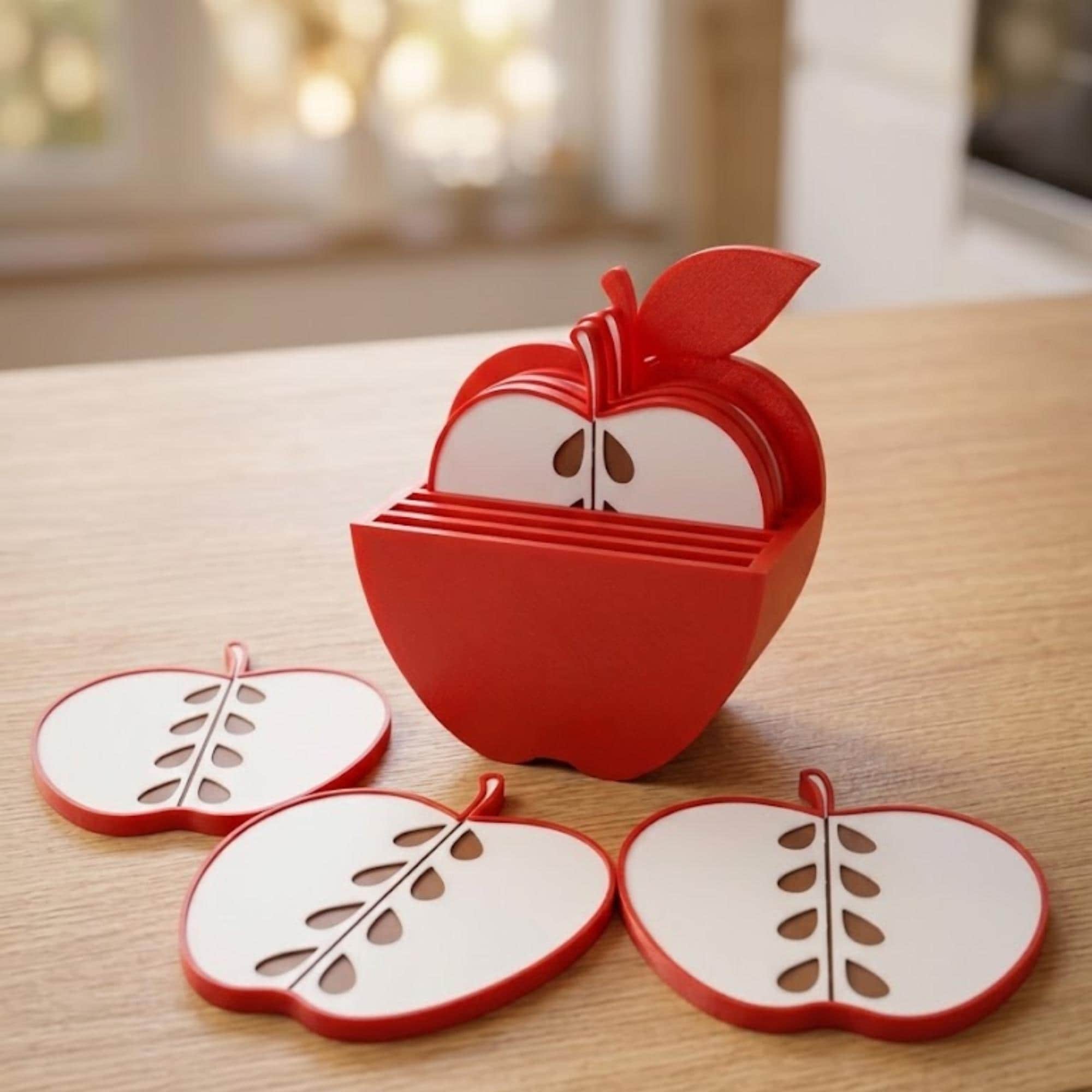 Apple Coasters Set of 6 with Holder - 3D Printed, Red Apple Decor - Classroom Gift - Desk Accessory - Drink Coasters - Teachers Appreciation