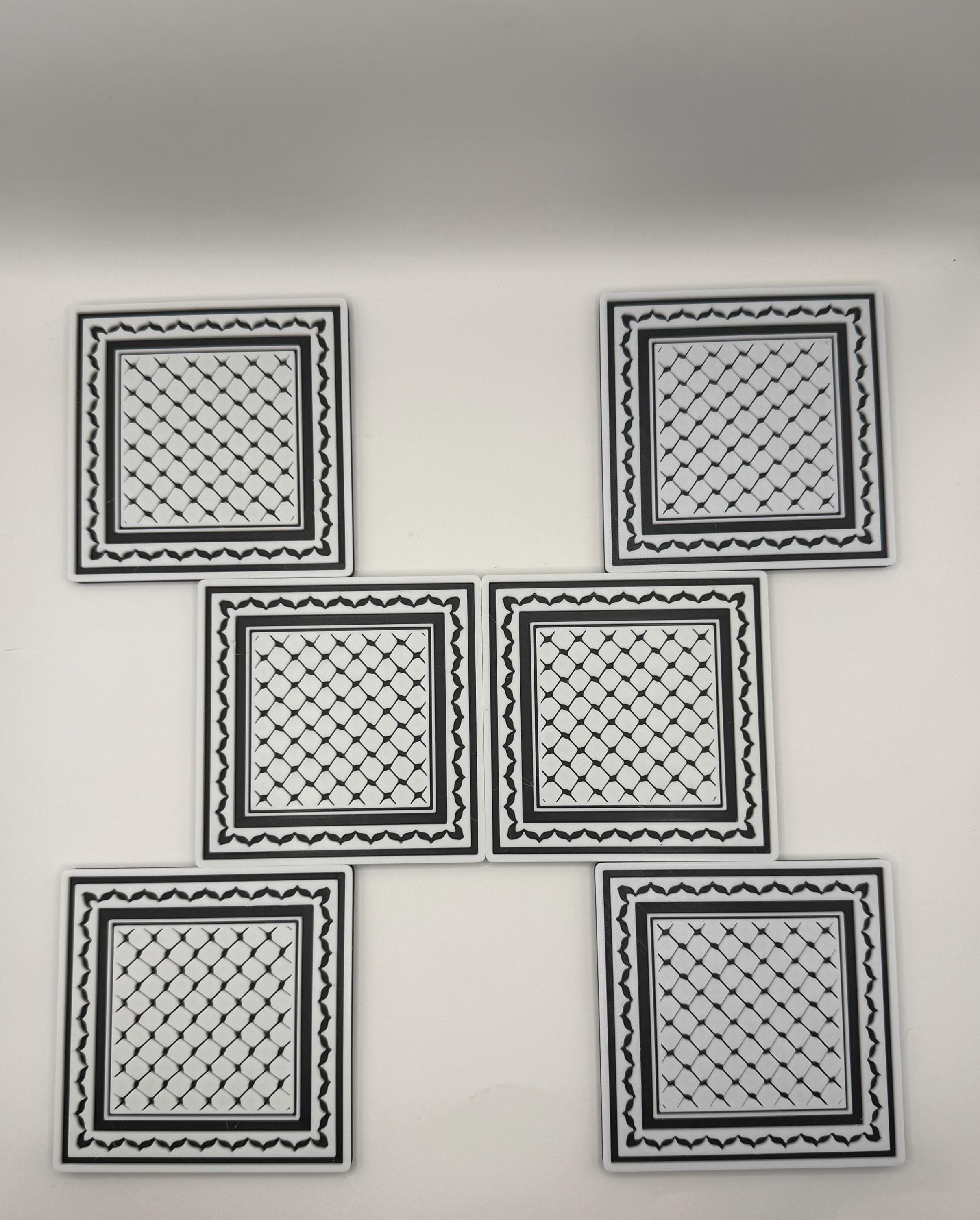 Keffiyeh Pattern Coaster Set with Holder - Traditional Palestinian Motif Home Decor - 3D Printed Culture Gift - Black and White Tableware - image 3