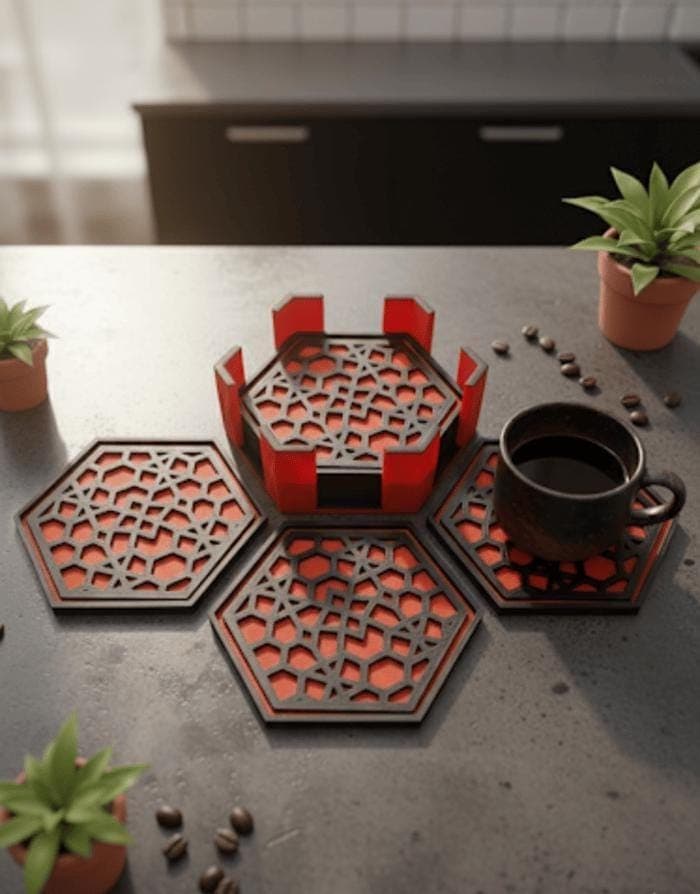 3D Printed Kumiko Coaster Set with Holder | Japanese Geometric Pattern Drink Mats | Hexagon Coasters | Housewarming Gift | Table Decor