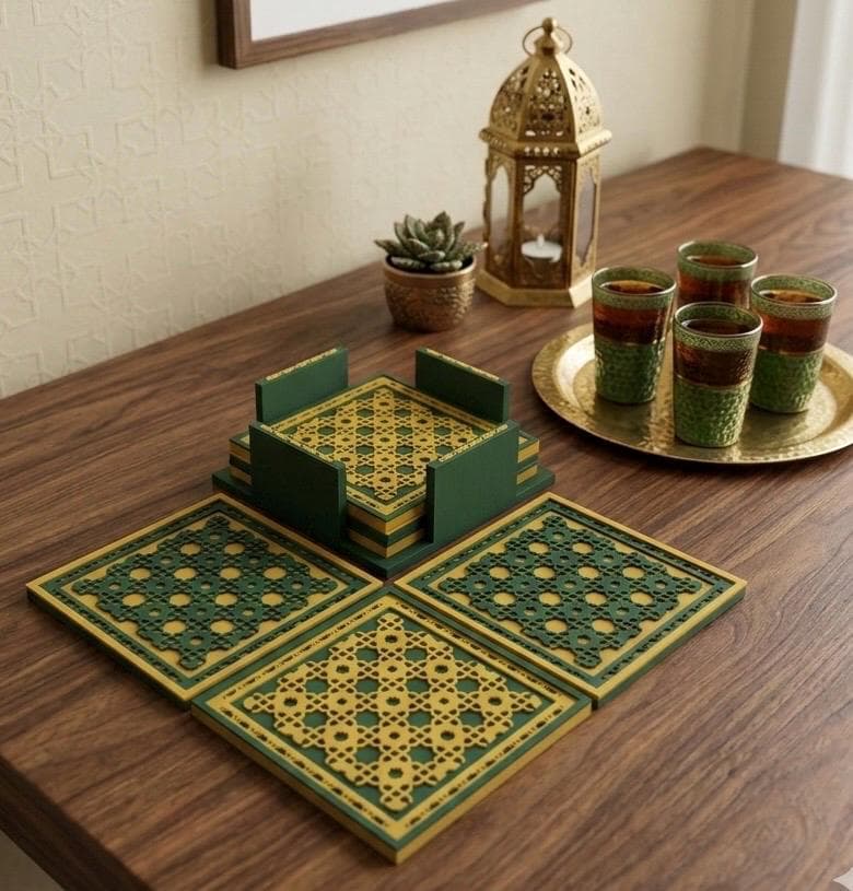 Geometric Coaster Set with Holder - 3D Printed Desk Accessories - Art Home Decor - Modern Luxury Coasters - Unique Housewarming Gift