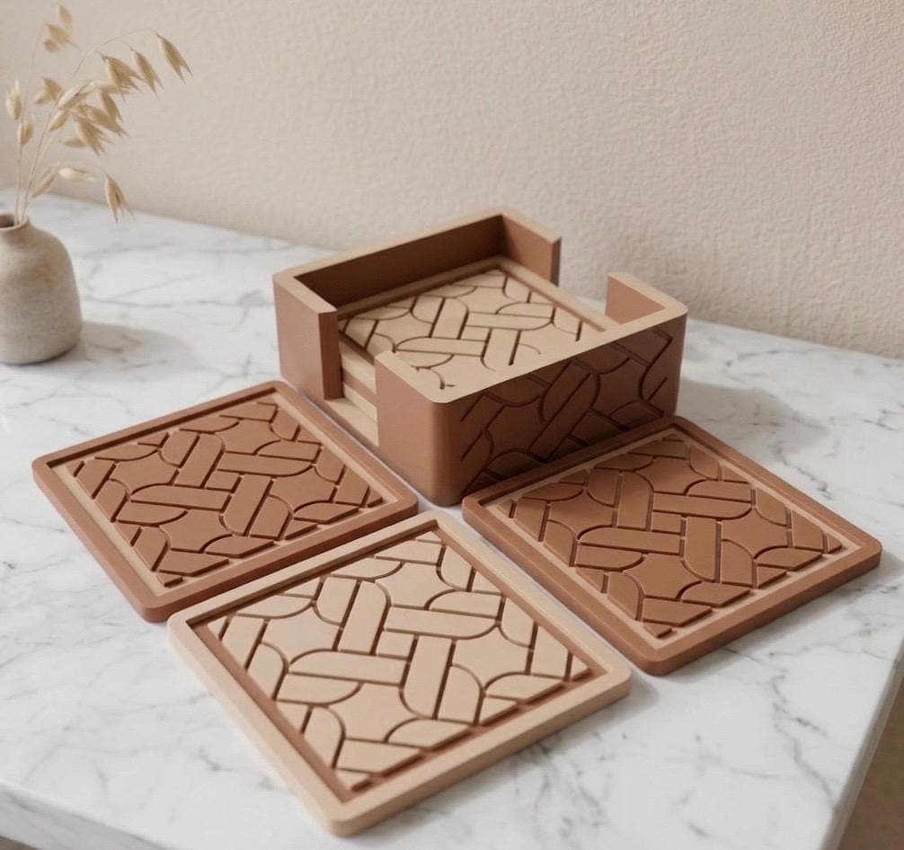 Modern Geometric 3D Printed Coaster Set with Holder, Neutral Home Decor, 6 Piece Square Coaster Set, Unique Gift, Minimalist Tableware