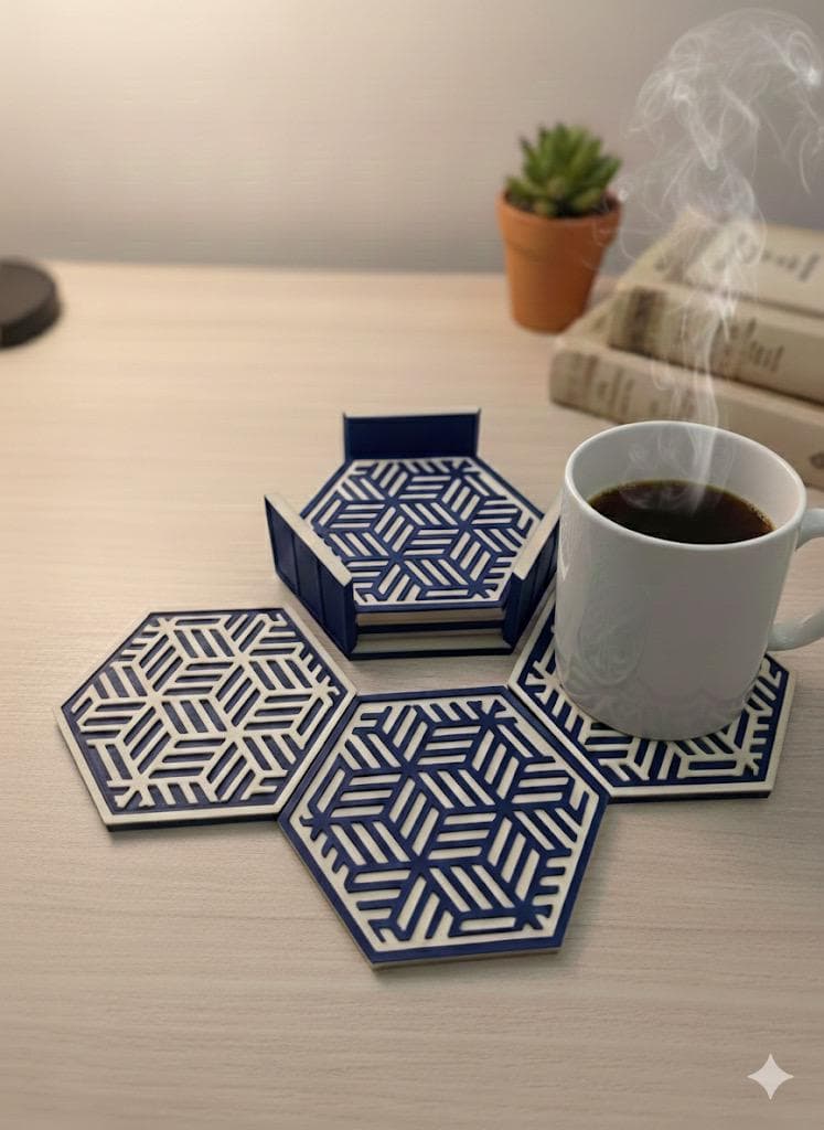 Geometric Hexagon Coaster Set with Holder - 3D Printed Drink Coasters - Modern Table Decor, Housewarming Gift, Office Desk Accessories