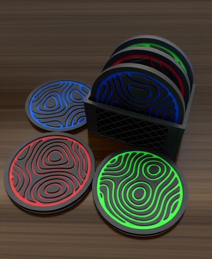 Abstract Coaster Set with Holder - 3d Printed Contour Map Drink Table Coaster For Housewarming Gifts