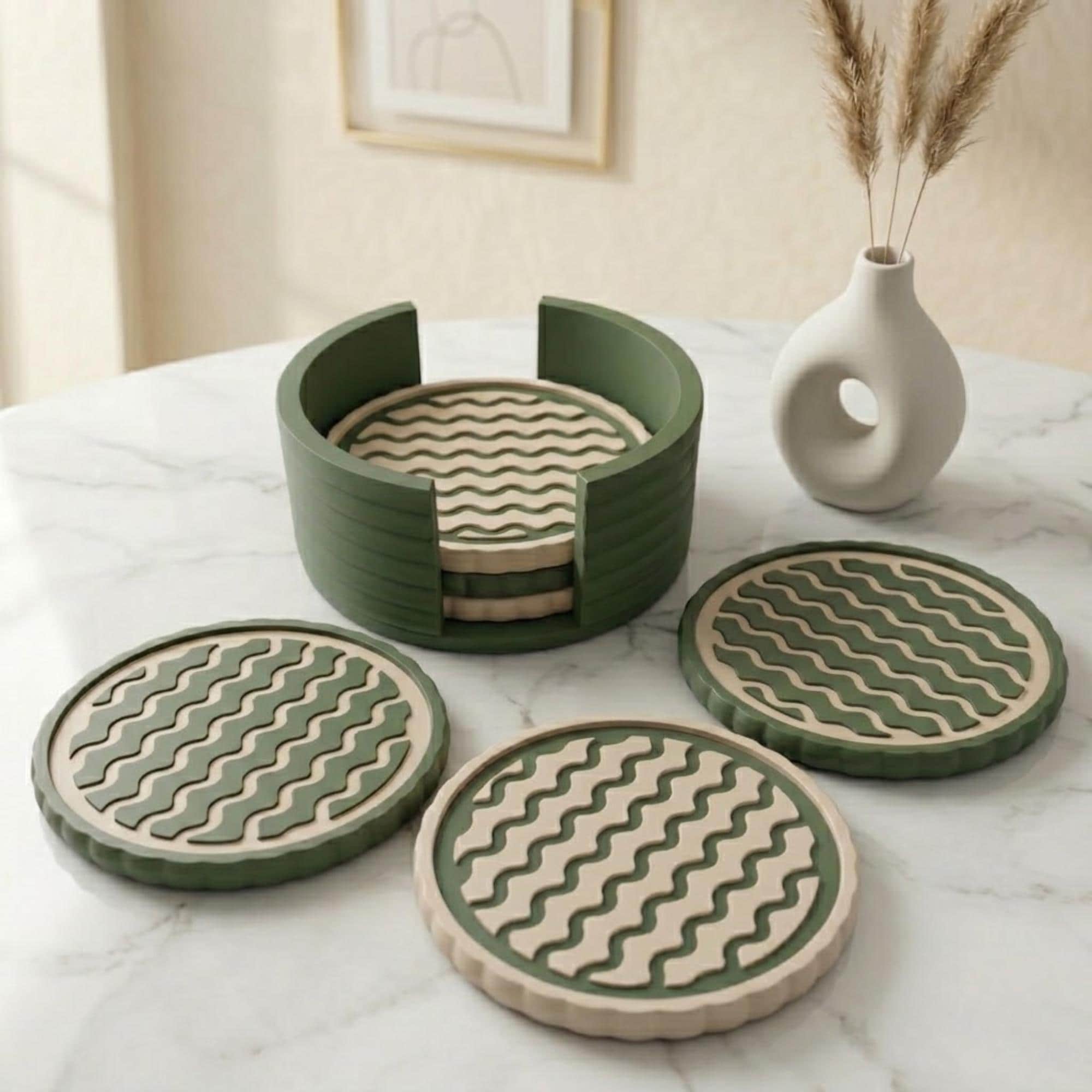 Modern Wavy Coaster Set of 6 with Holder - 3D Printed Drink Coasters for Home Decor - Unique Housewarming Gift - Waveform Series