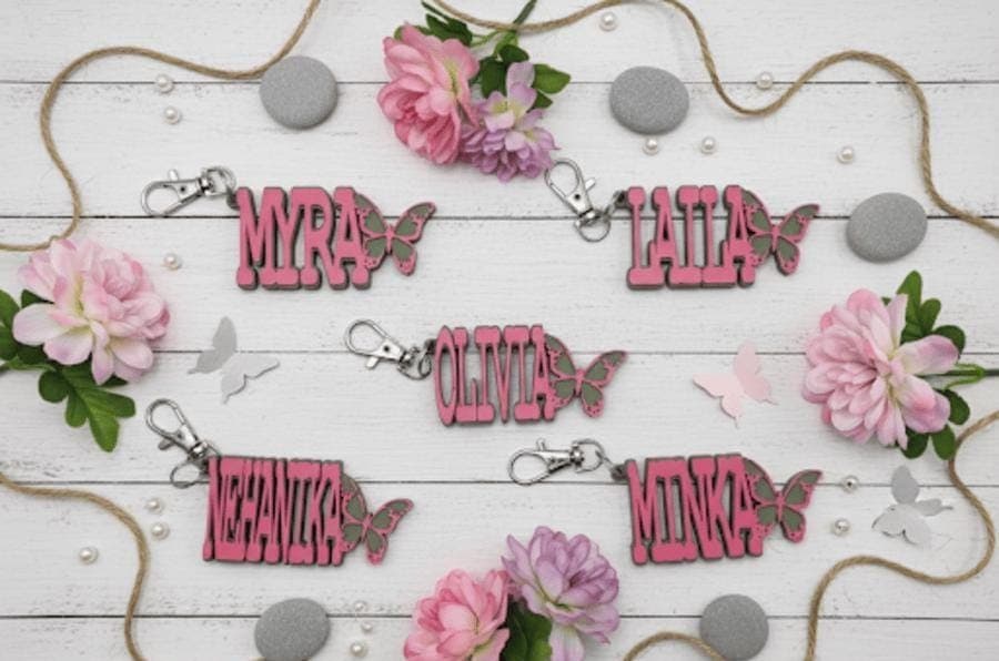 Personalized Keychain, Custom Name, Butterfly Charm, Gift for Girls, Backpack Tag, Nameplate Keychain, Cute Keychain