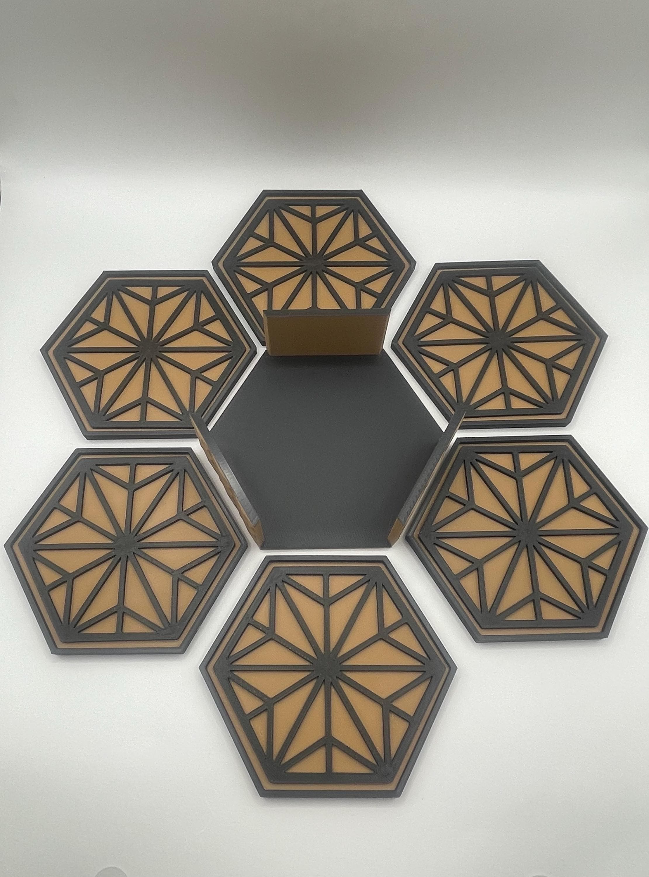 3D Printed Kumiko Coasters Set | Hexagon Geometric Drink Mats | Japanese Style Home Decor | 6pc Coasters with Holder - image 5