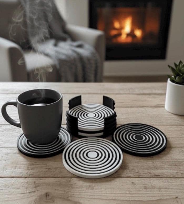 Geometric Coasters 6 pc with Holder | Unique 3D Printed Housewarming Gift | Minimalist Modern Desk Decor | Drinkware Accessory
