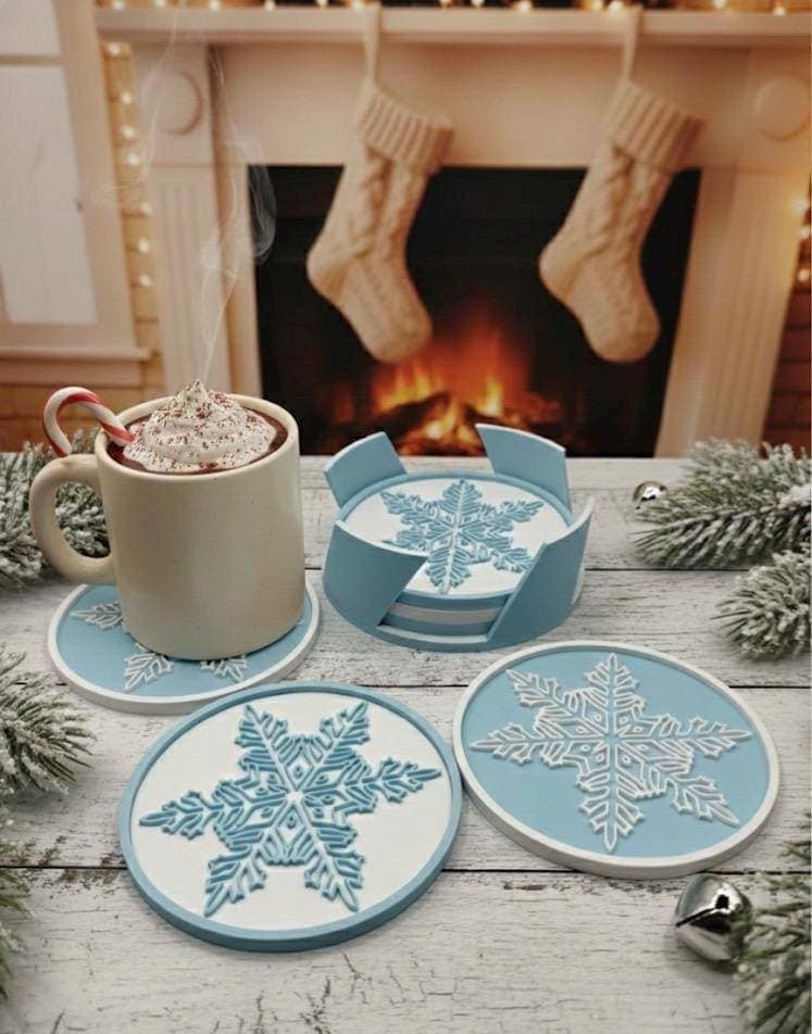 Set of 6 Snowflake Coasters with Holder | Christmas Coasters | Winter Drink Mats | Holiday Table Decor | Unique Hostess Gift