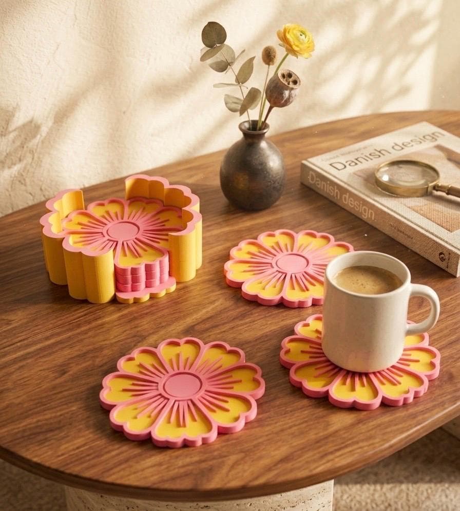 Flower Coasters for Drinks - 3D Printed Floral Coasters Set of 6 with Holder - Modern Pink and Yellow Table Decor - Unique Housewarming