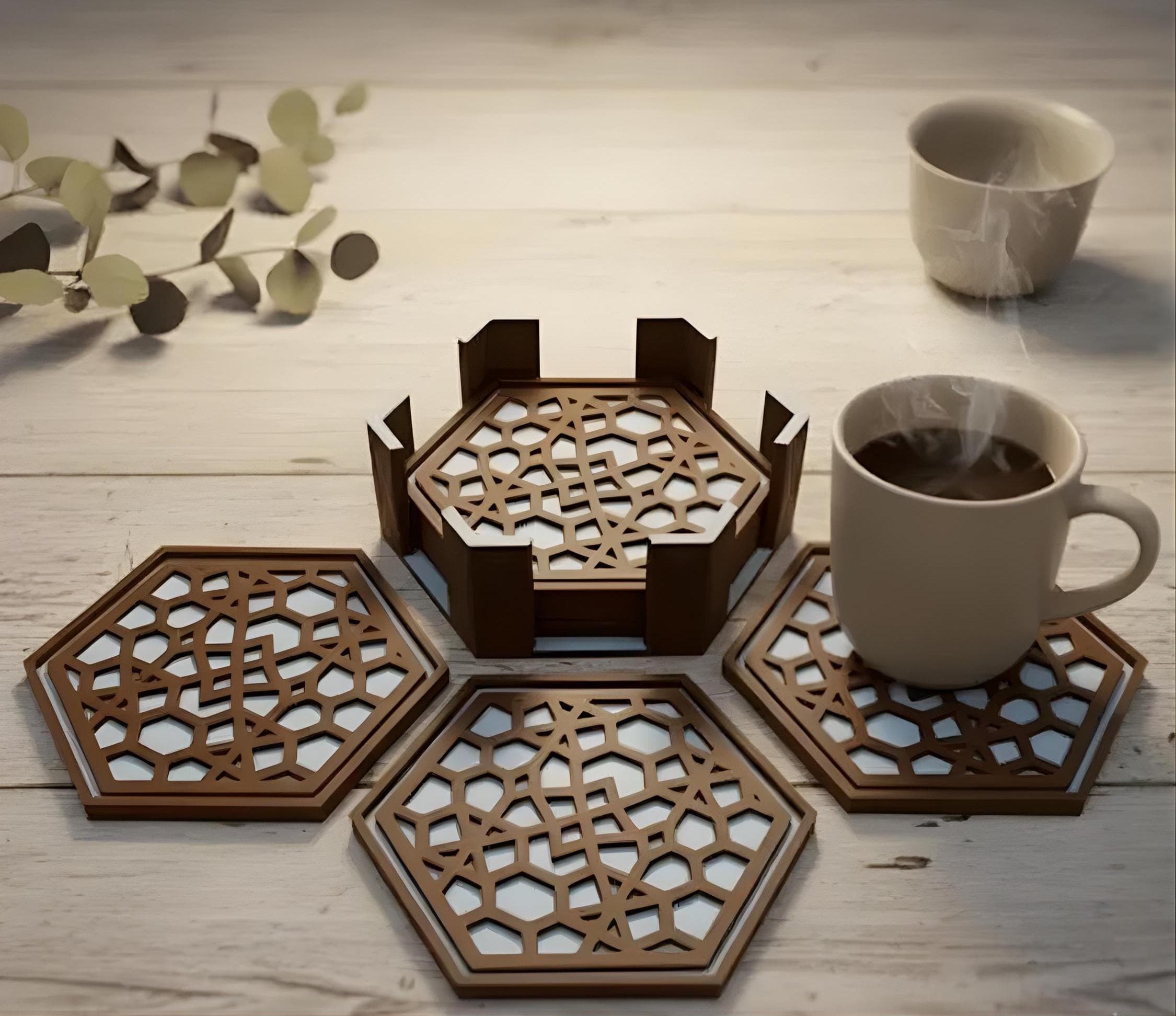 3D Printed Kumiko Coasters Set of 6 | Japanese Geometric Drink Coasters | Hexagon Tea Coffee Coasters | Modern Home Decor Gift