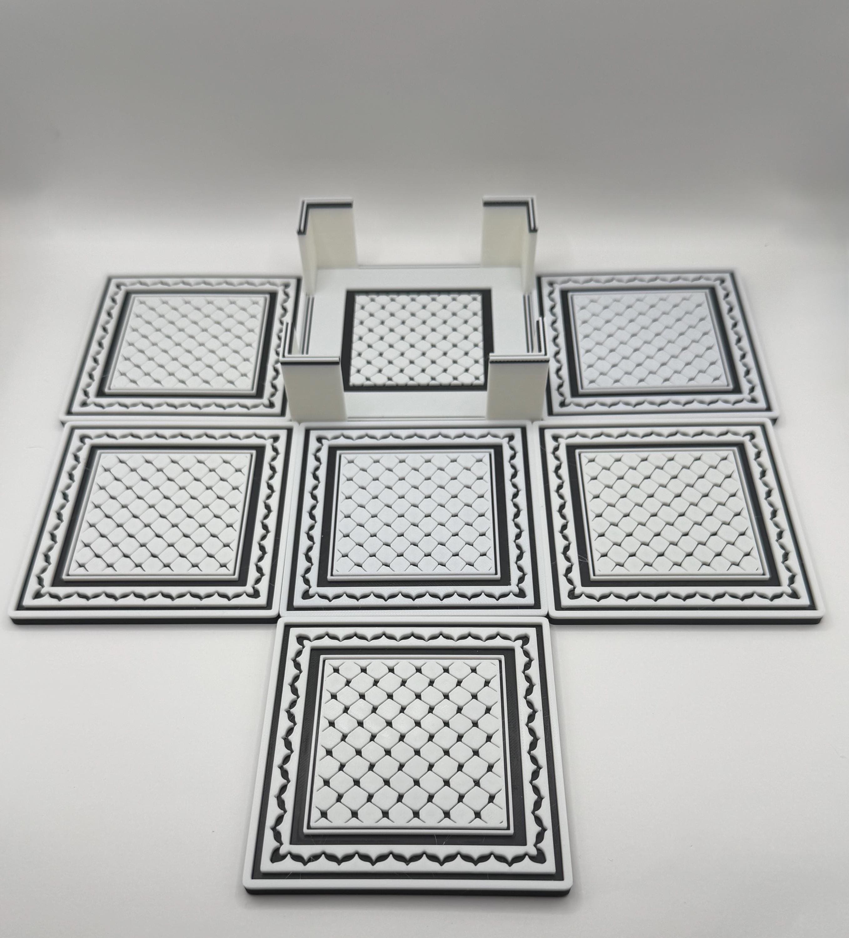 Keffiyeh Pattern Coaster Set with Holder - Traditional Palestinian Motif Home Decor - 3D Printed Culture Gift - Black and White Tableware - image 4