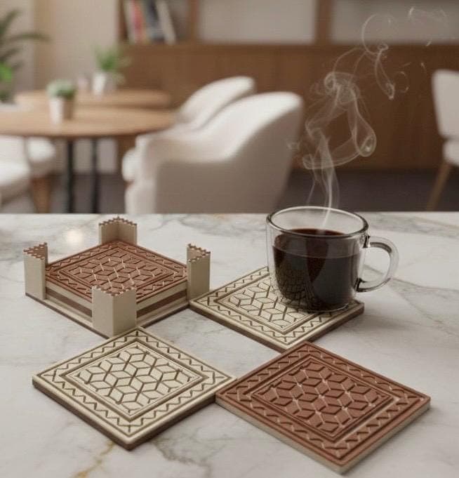 Modern 6-Piece 3D Printed Coasters | Brown & Beige Geometric Tile Pattern | Unique New Home Gift | Desk Accessories | Housewarming Gift