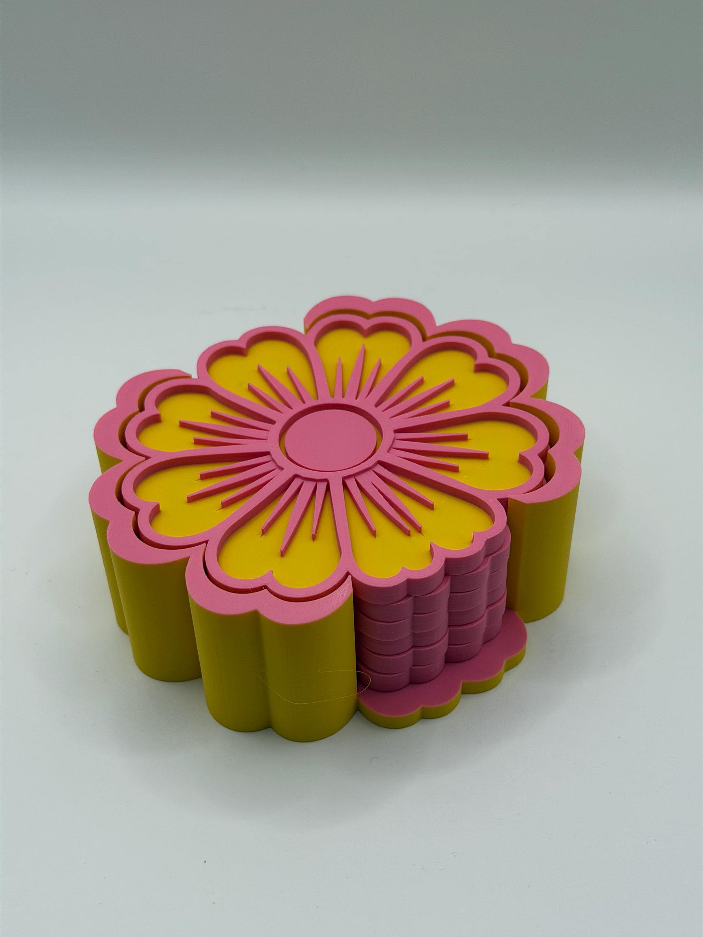 Flower Coasters for Drinks - 3D Printed Floral Coasters Set of 6 with Holder - Modern Pink and Yellow Table Decor - Unique Housewarming - image 4