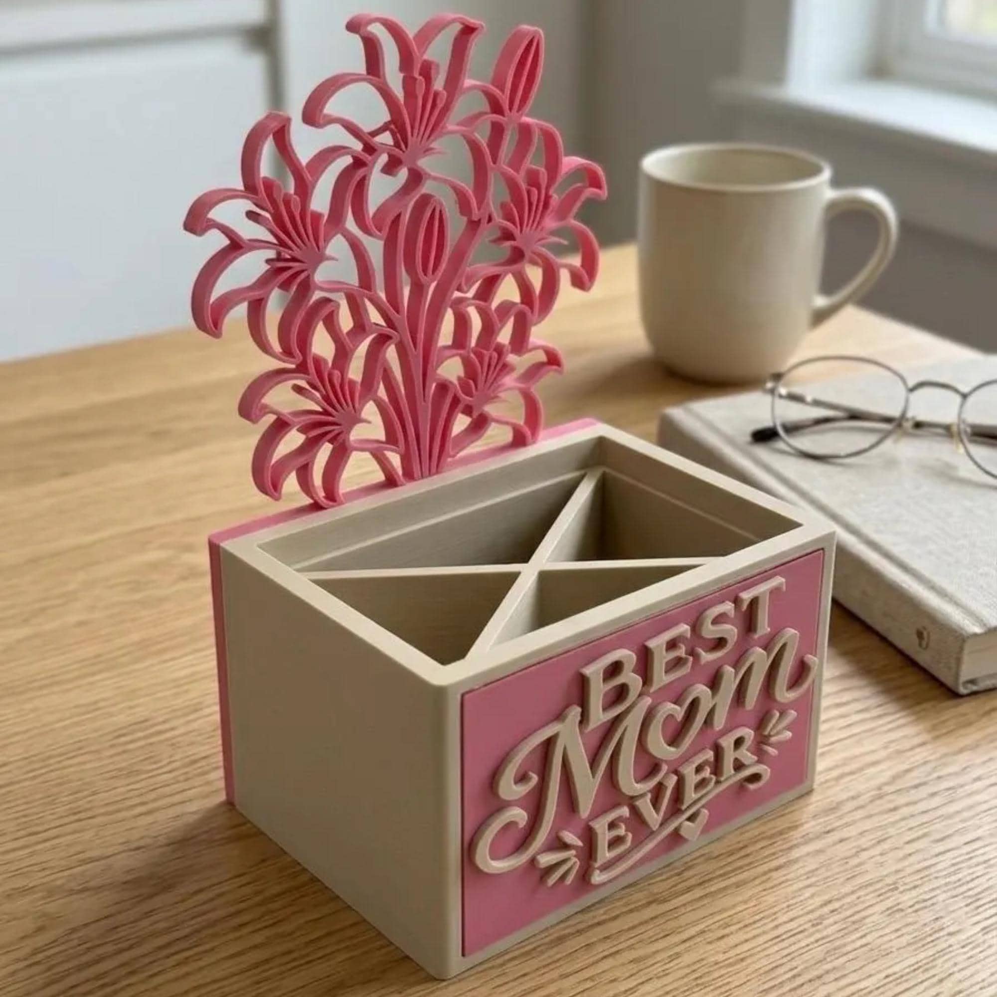 Best Mom Ever Desk Caddy Organizer - Pen Holder - Pink Floral Gift for Mom - Mother’s Day Present