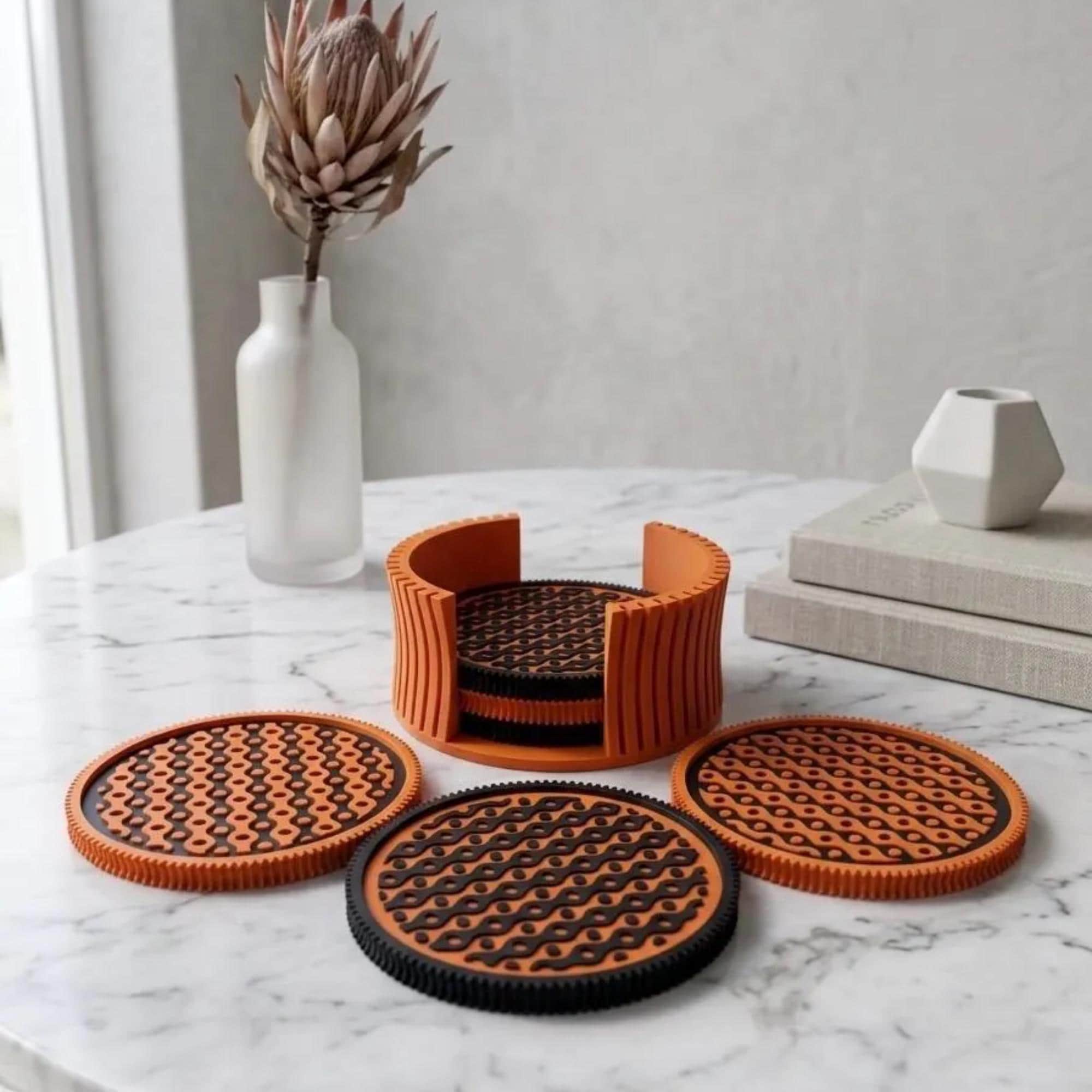 Modern Interlocking Wave Drink Coasters Set of 6 with Holder - Geometric Tabletop Decor - Housewarming Gift - Waveform Series
