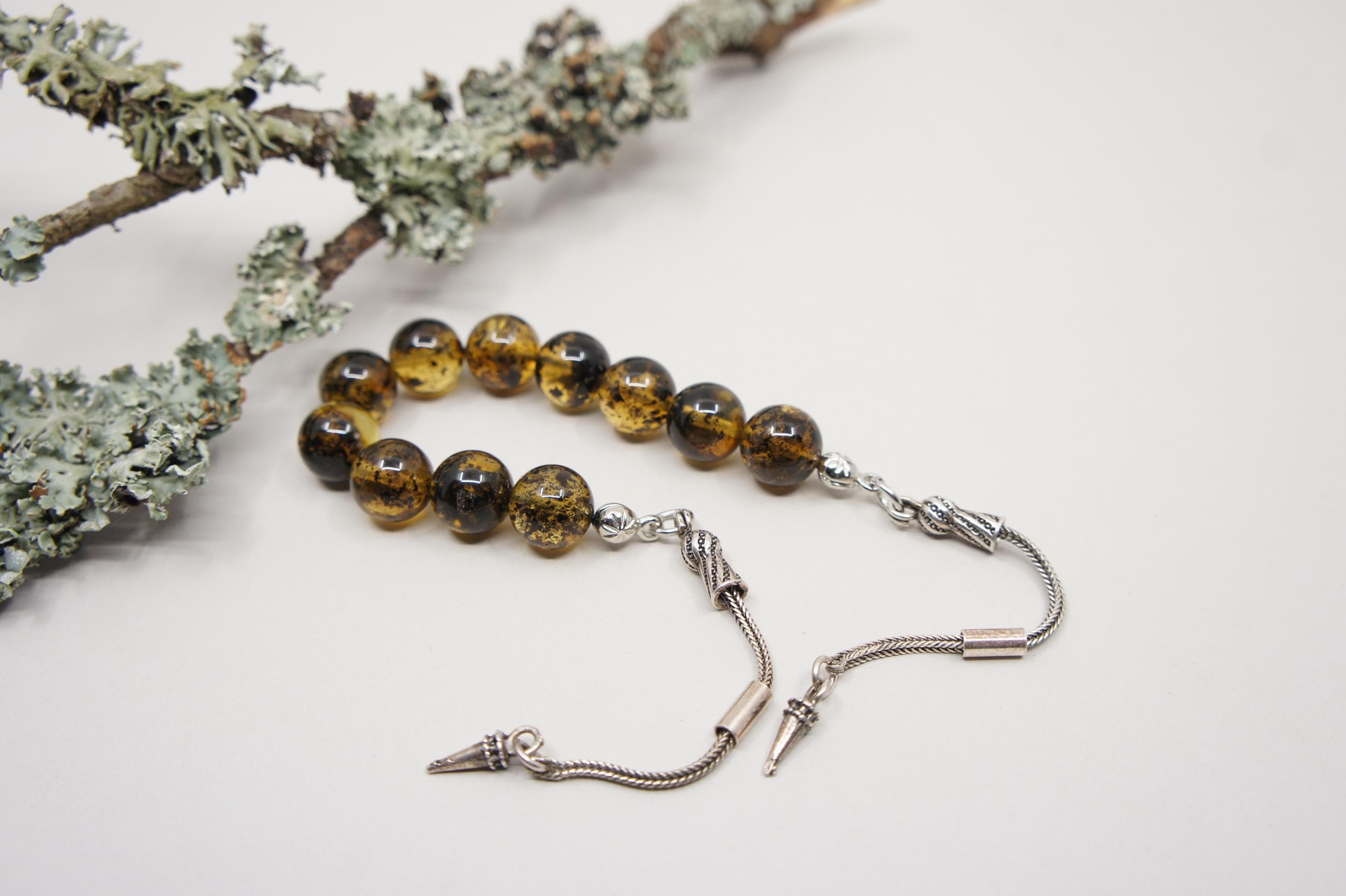 Islamic Natural Amber Prayer 11 Round Beads, Muslim Tasbih Misbaha, Zaza Model Rosary #1872