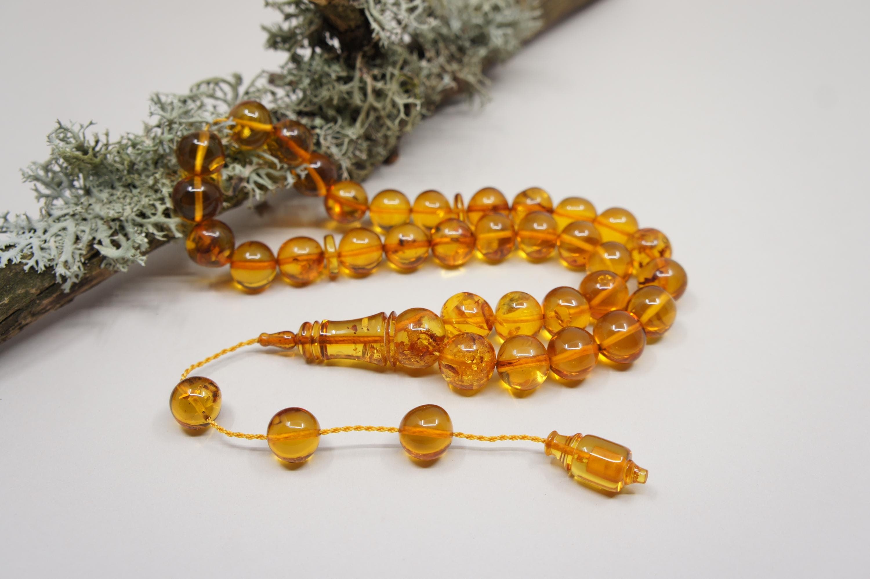 Islamic Natural Baltic Amber Prayer 33 Round Beads, Muslim Tasbih Misbaha Rosary, Handmade #2015
