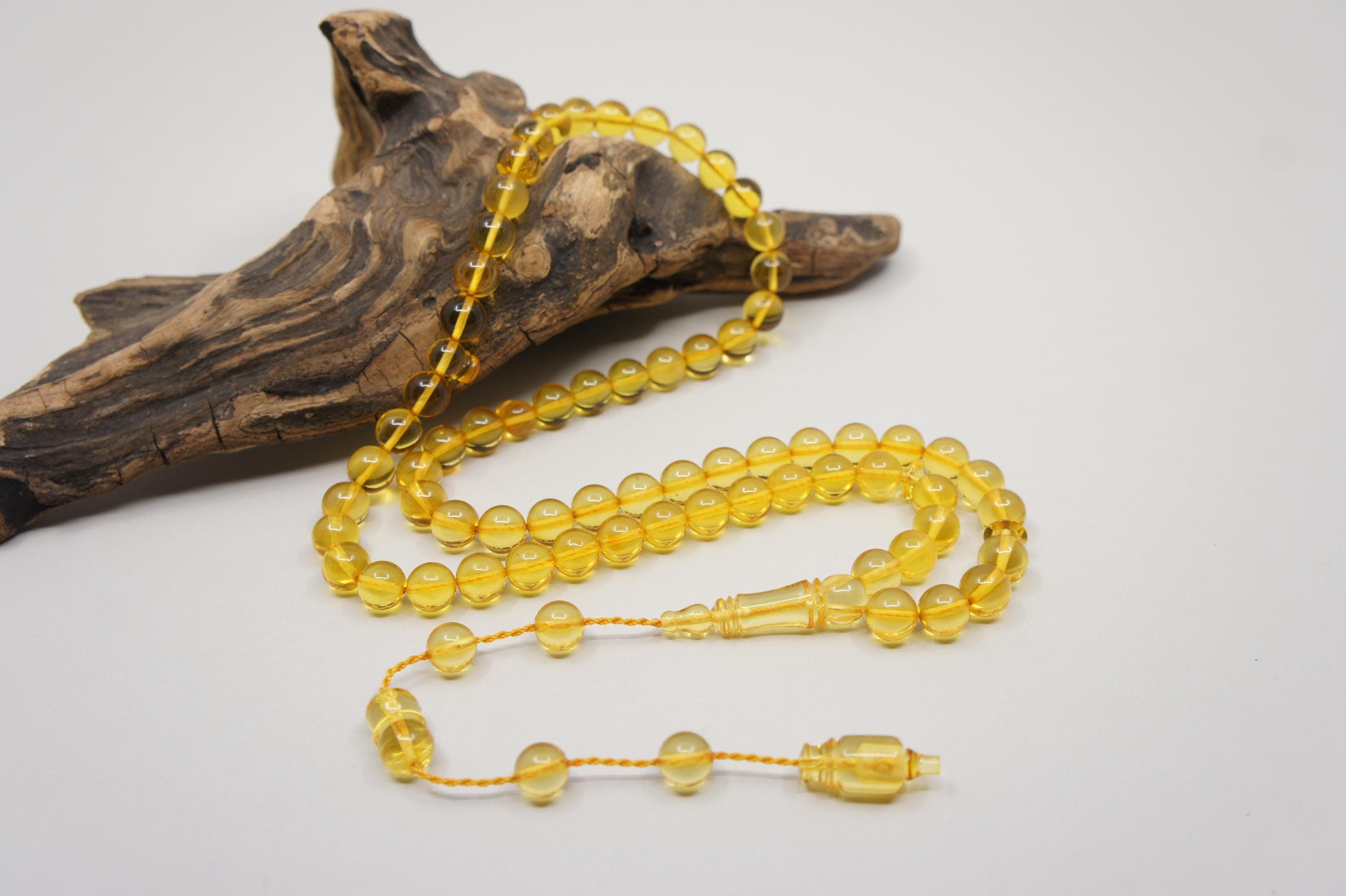 Islamic Natural  Amber Prayer 66 Clear Round Beads, Handmade Muslim Tasbih Misbaha Rosary #1750