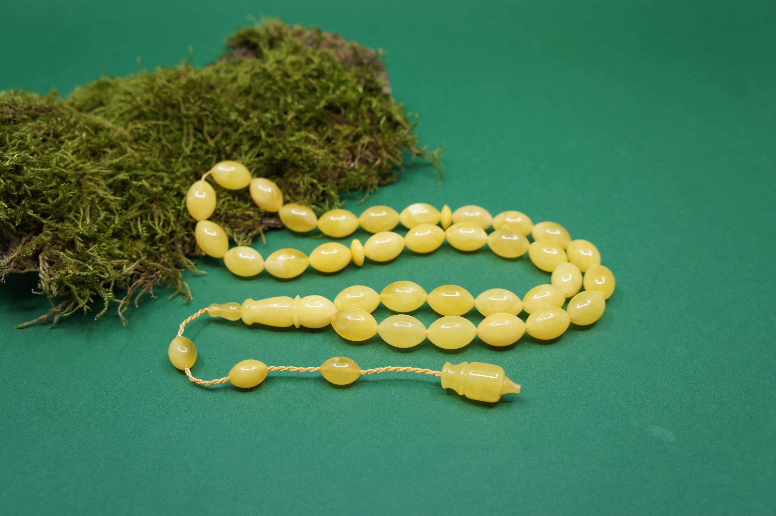Baltic Amber Prayer 33 Olive Beads: Islamic Muslim Tasbih Misbaha Rosary, Handmade #2381