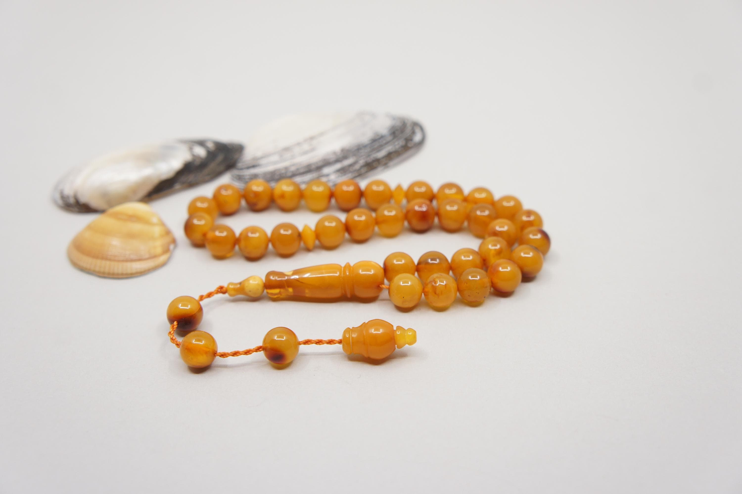 Islamic Natural Amber Prayer 33 Round Beads, Muslim Tasbih Misbaha, Handmade Rosary #1742