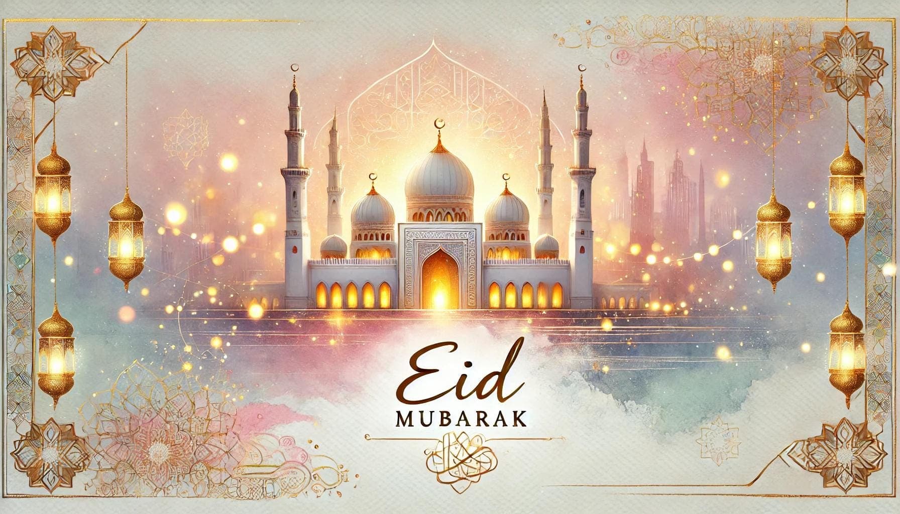 Celebrate Eid with this beautifully designed watercolor Eid card featuring a serene mosque with glowing lights. - image 4