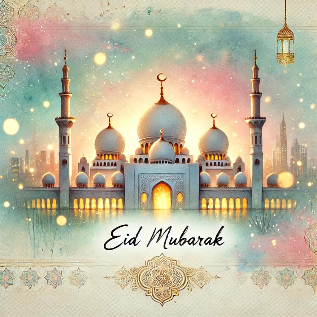 Celebrate Eid with this beautifully designed watercolor Eid card featuring a serene mosque with glowing lights.