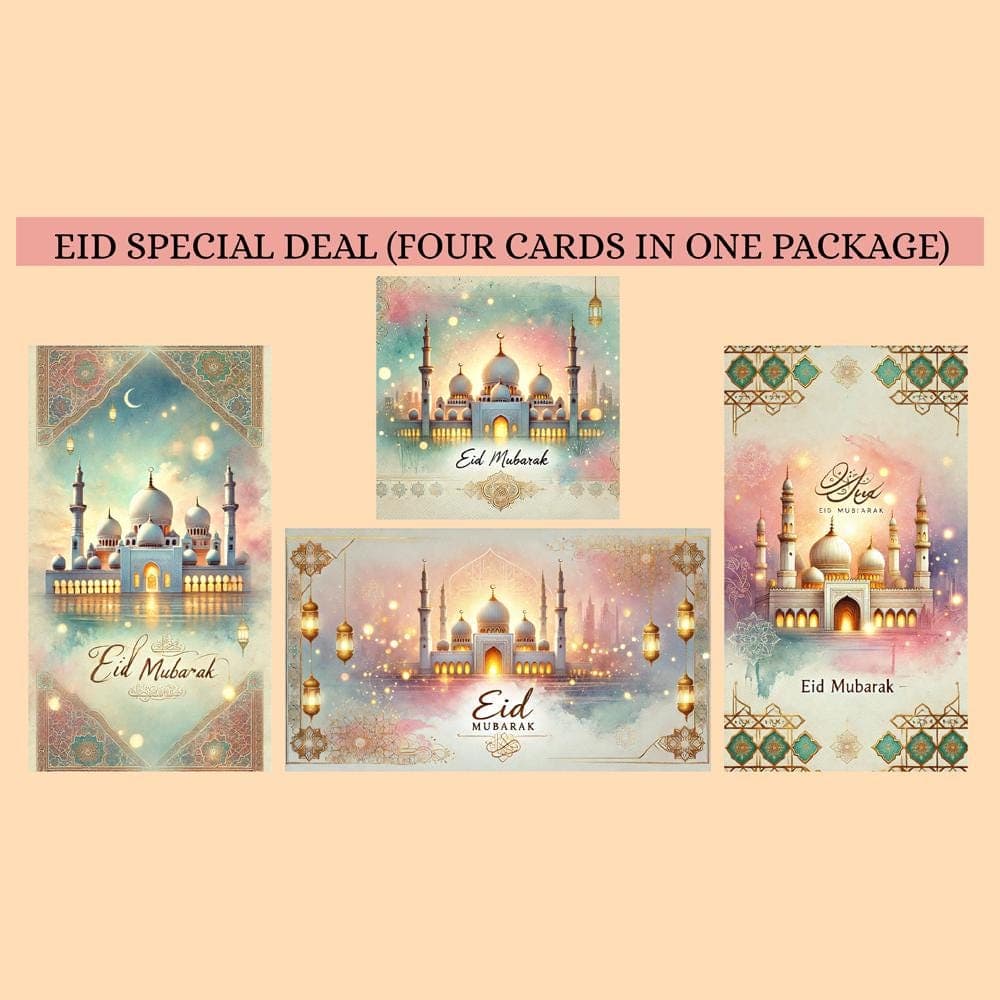 Celebrate Eid with this beautifully designed watercolor Eid card featuring a serene mosque with glowing lights. - image 3