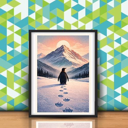 Minimalist Penguin Print Set, Mountain Winter Landscape (Digital Download)