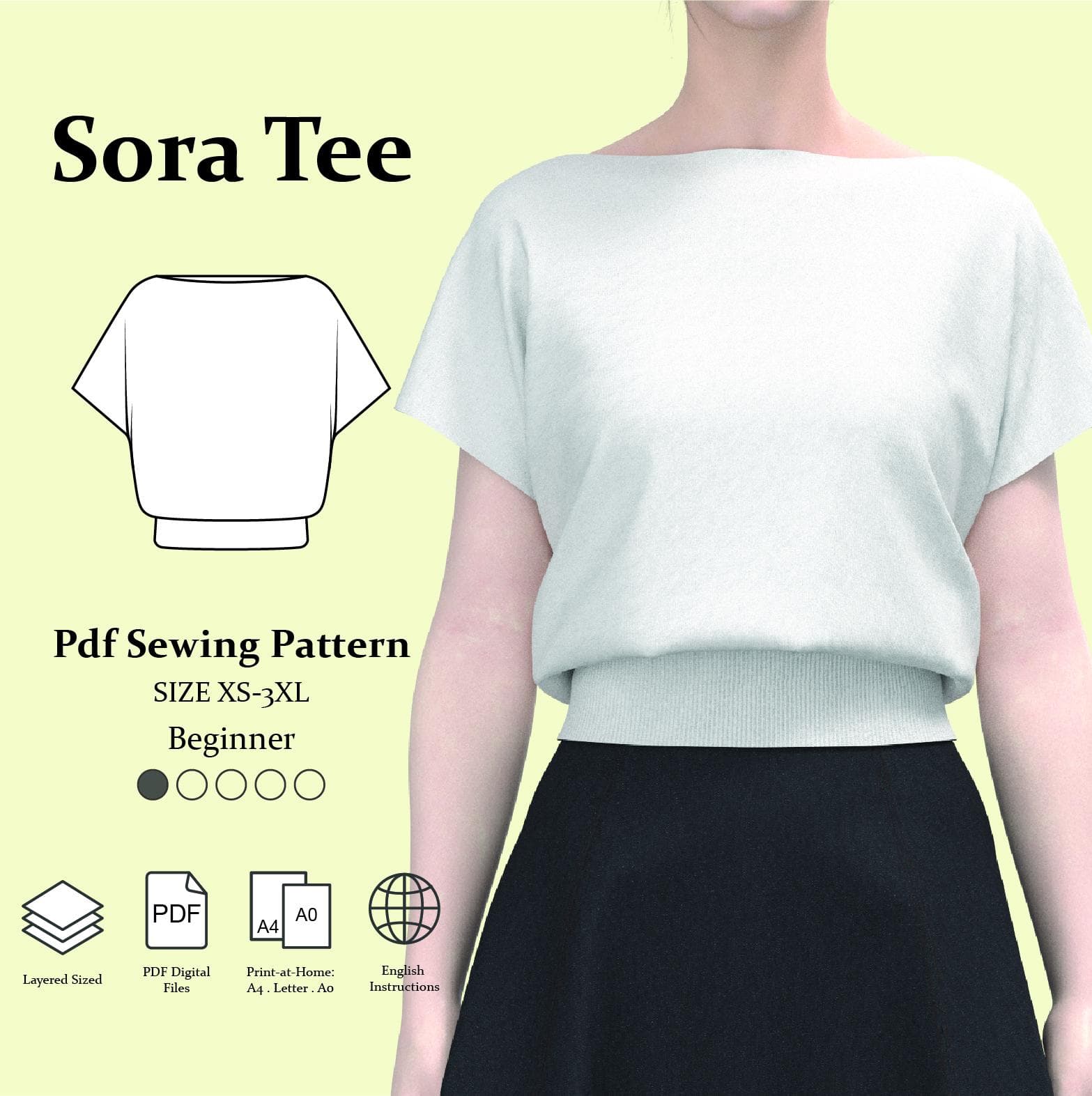Sora Tee Sewing Pattern: Boat Neck Drop Shoulder Top (PDF Digital Download)
