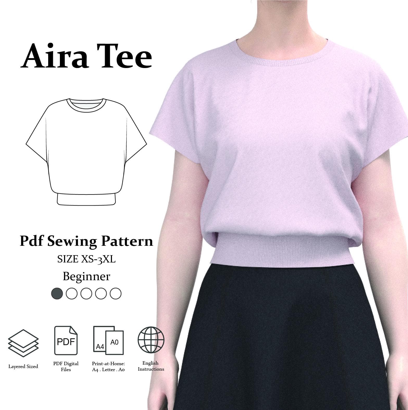 Aira Tee Sewing Pattern: Drop Shoulder Knit Top (PDF Digital Download)