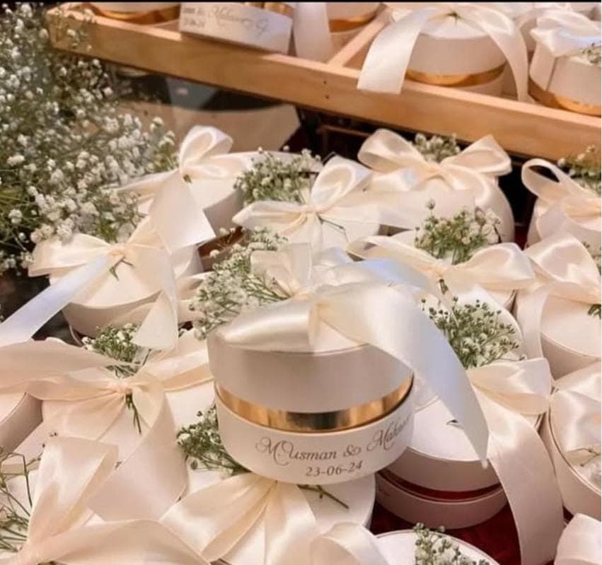 Elegant Wedding Favor Box with Custom Tag, Satin Ribbon & Gold Rim. - image 3