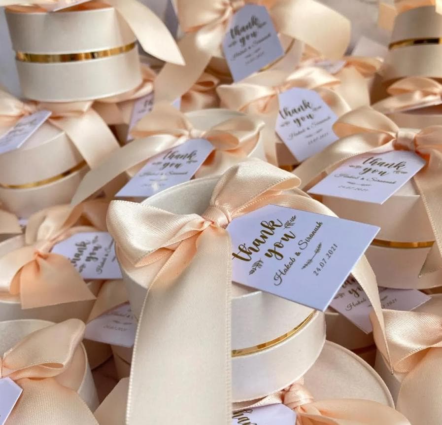 Elegant Wedding Favor Box with Satin Ribbon & Tag.