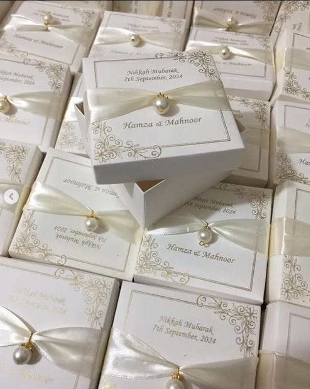White & Gold Wedding Favors, Personalized Nikkah Walima Bid Boxes. - image 4