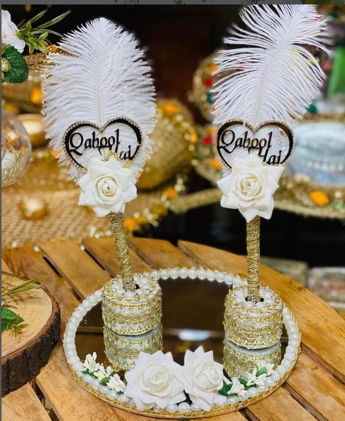 Wedding Signature Couple Pen Holder With Mirror Plate For Wedding Certificate/Nikah