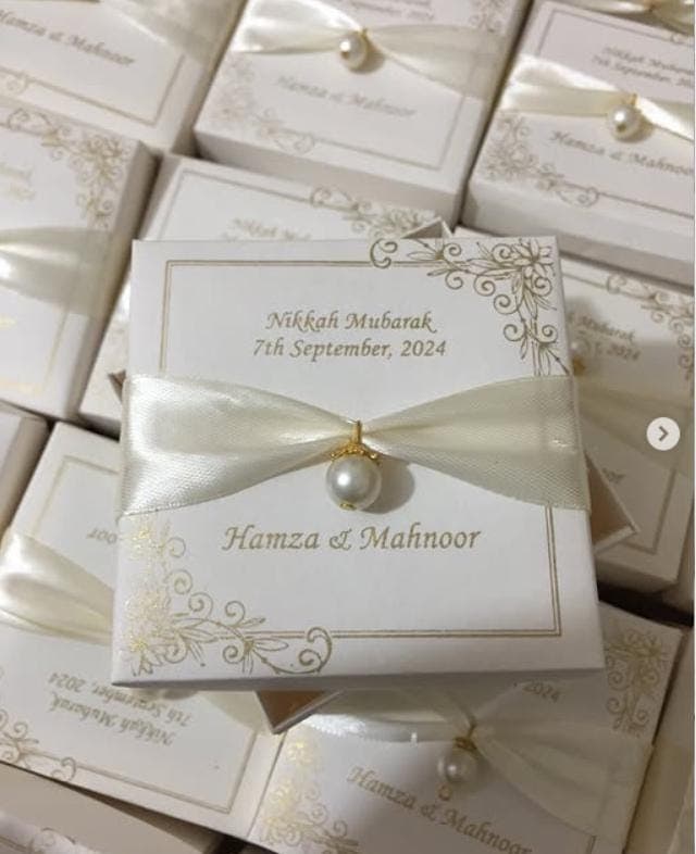 White & Gold Wedding Favors, Personalized Nikkah Walima Bid Boxes.