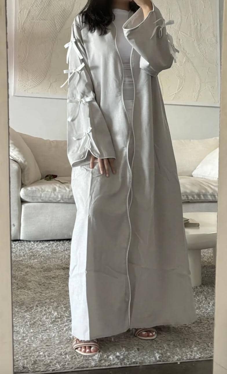 Beige Open Abaya with White Bows: Elegant Coquette Style - image 4