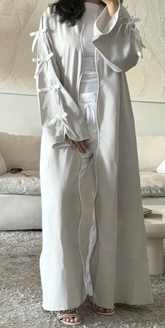 Beige Open Abaya with White Bows: Elegant Coquette Style