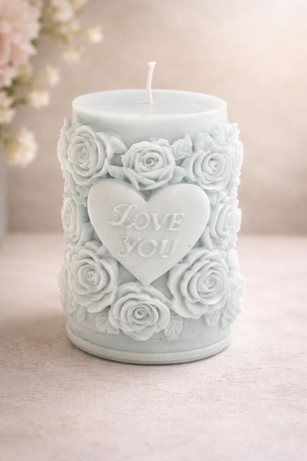Flower Love You Candle – Romantic Rose Pillar, Gift for Her, Handmade Soy Candle