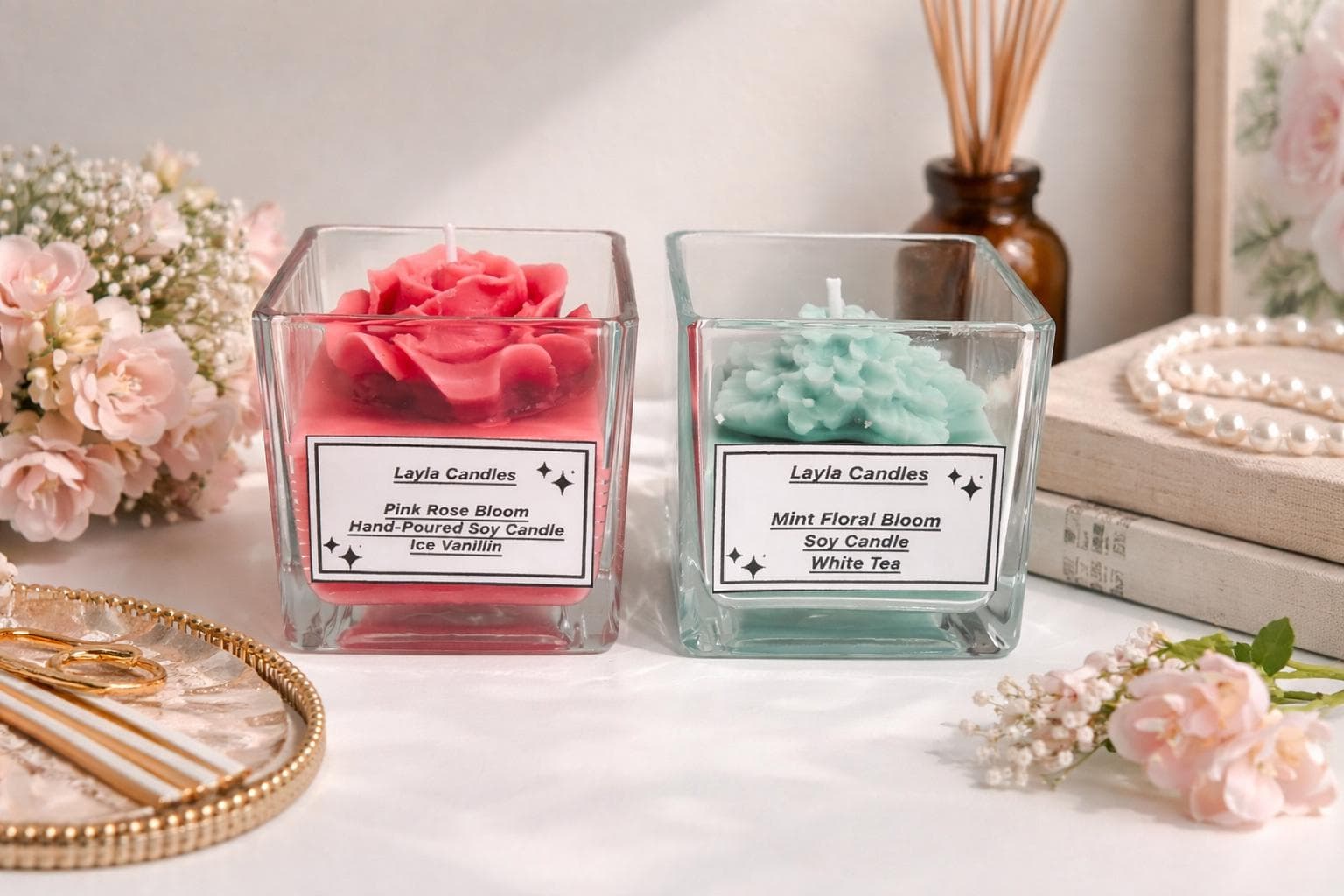 Floral Soy Candle in Glass Jar | Pink Rose Bloom or Mint Floral Bloom | Handmade Gift | Home Decor Candle