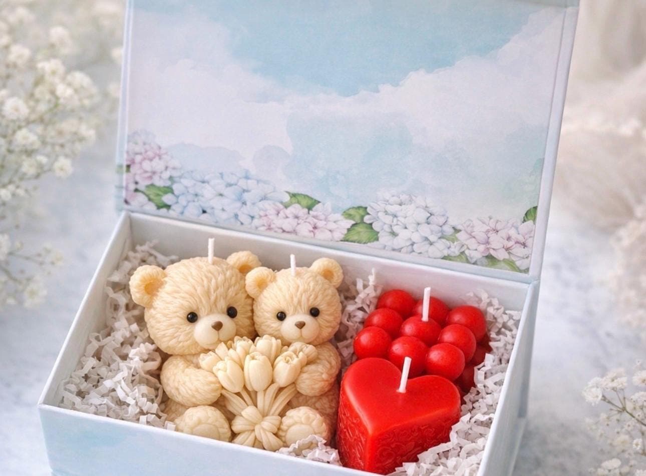 Handmade Soy Candle Gift Box Teddy Bear | Heart & Bubble Candles | Gift for Her