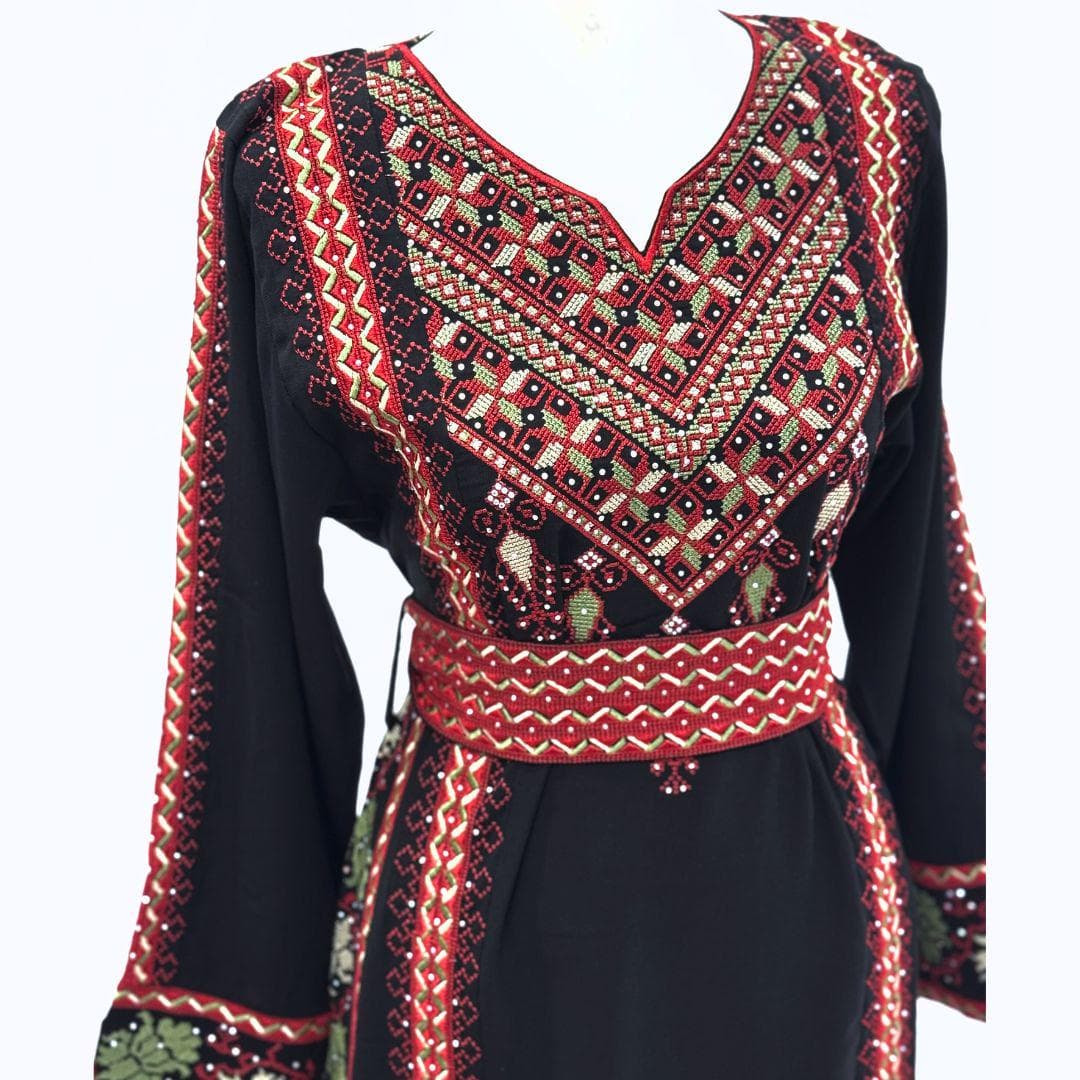 Embroidered Thobe Tatreez with Belt – Black with Red or Blue Embroidery - image 4