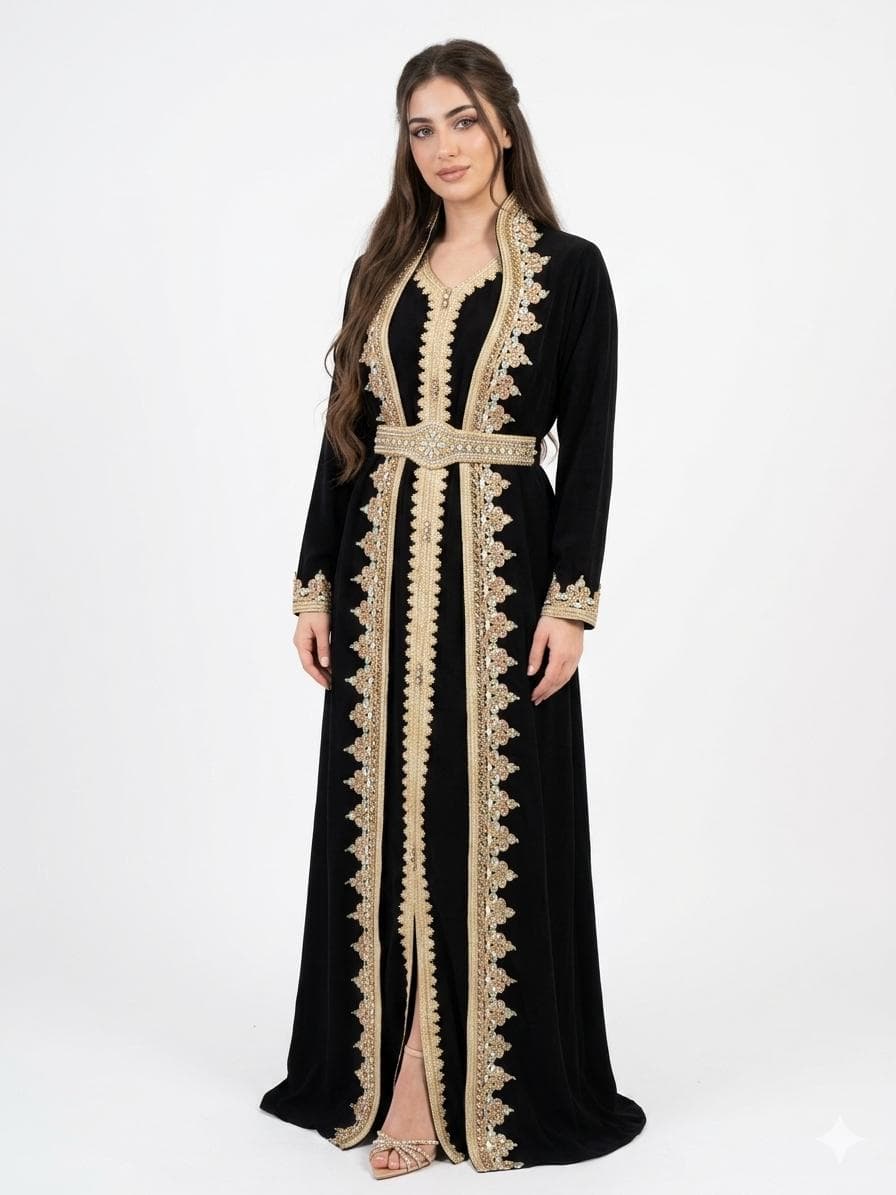 Black Two Piece Kaftan Set with Embroidered Dress and Gold Embellishments