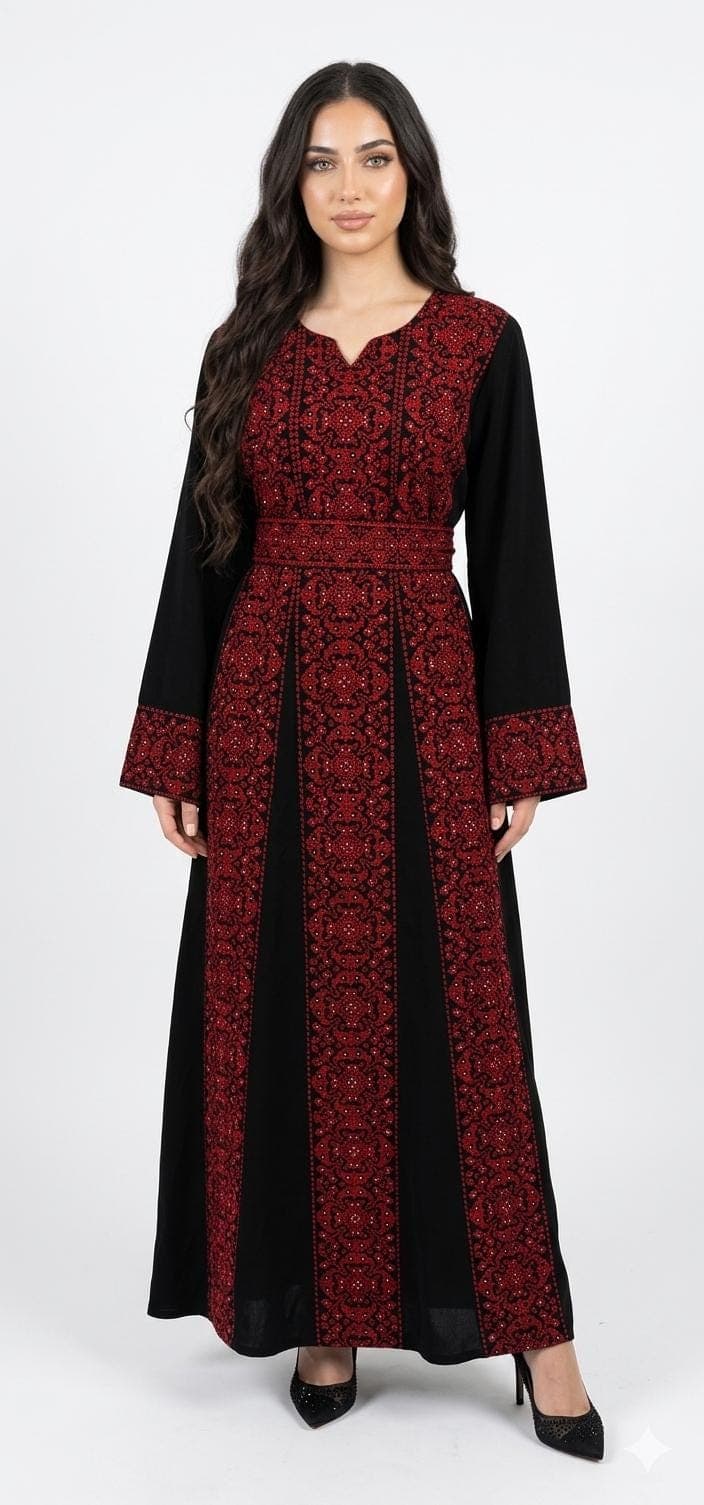 Black Embroidered Thobe with Red Motif Elegant Modest Dress for Eid