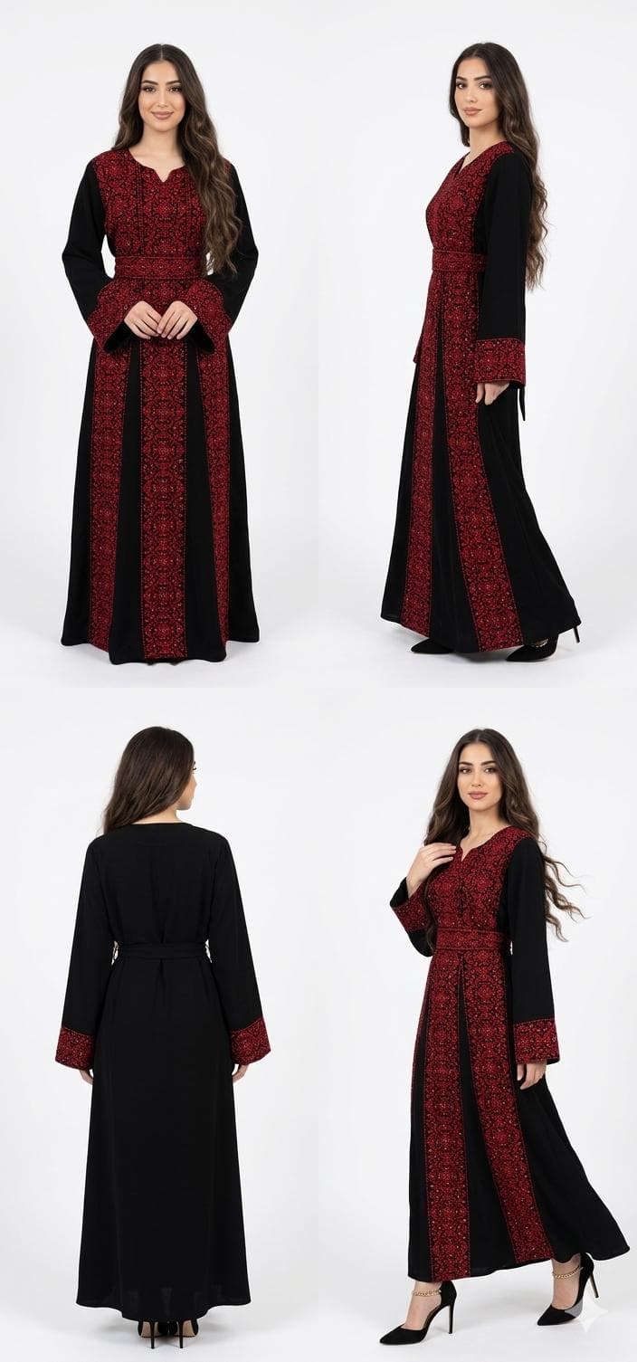 Black Embroidered Thobe with Red Motif Elegant Modest Dress for Eid - image 3