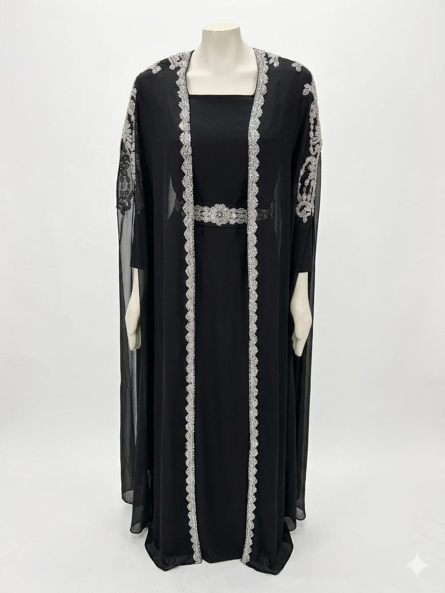 Black Beaded Kaftan Dress with Belt, Elegant Batwing Evening Gown - image 4