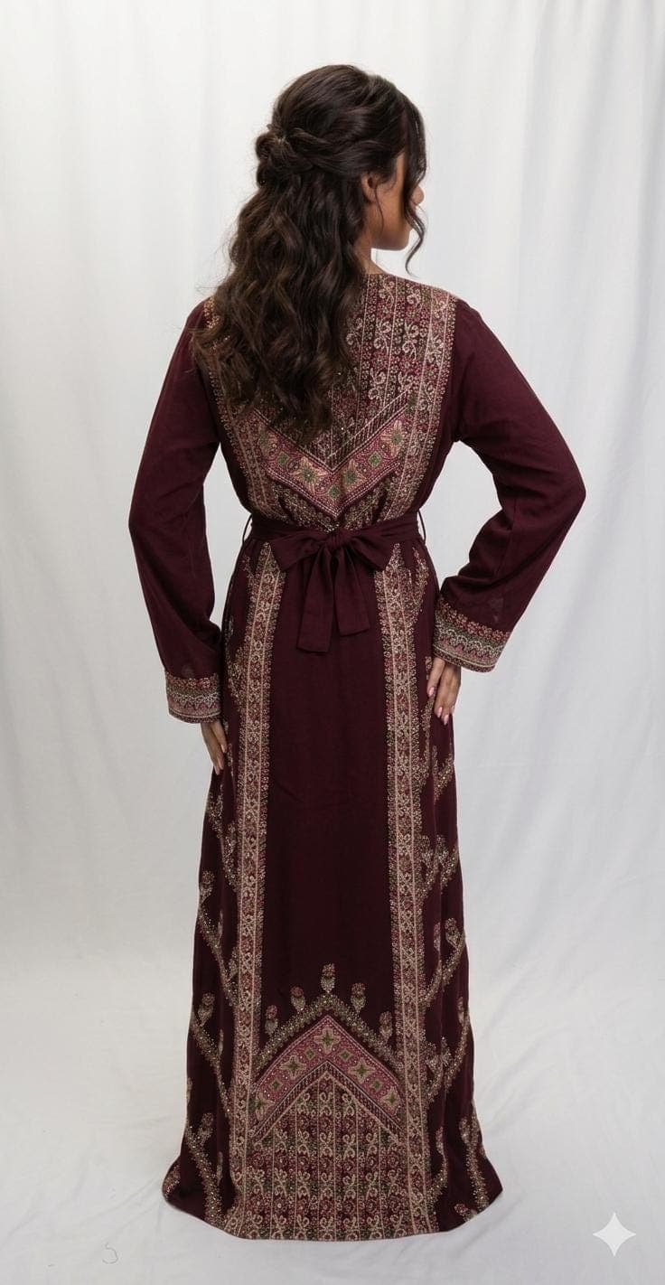 Maroon Embroidered Thobe Dress, Front Back Embroidery - image 5
