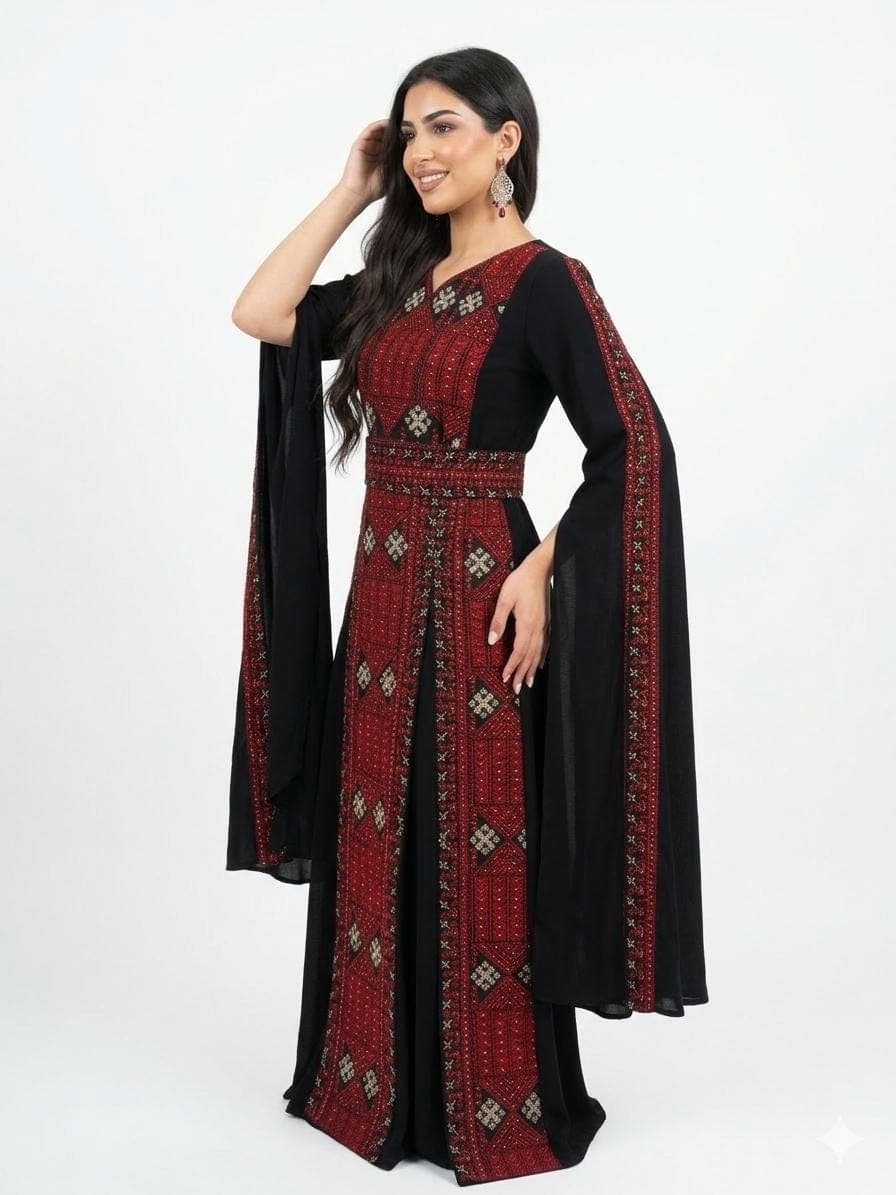 Elegant Black Maxi Dress with Red Embroidery – Batwing Sleeve Dress - image 4