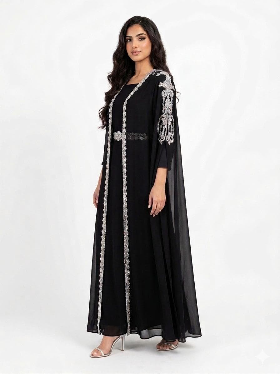 Black Beaded Kaftan Dress with Belt, Elegant Batwing Evening Gown - image 3