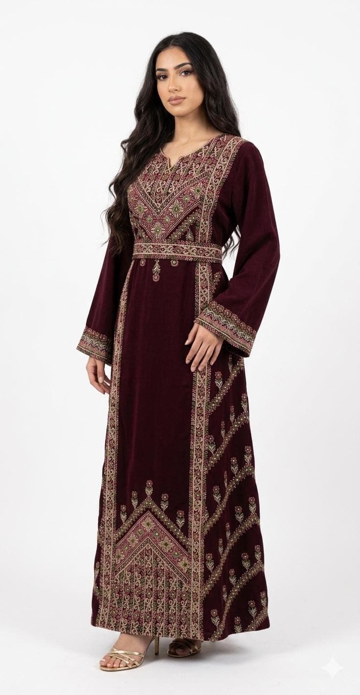 Maroon Embroidered Thobe Dress, Front Back Embroidery - image 3